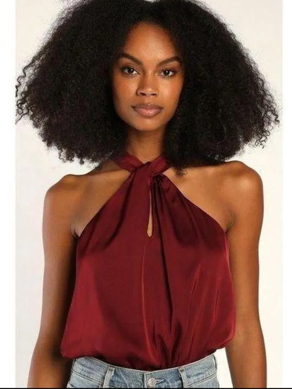 Lulu's Posh Attitude Burgundy Satin Knotted Halter Bodysuit Red - Size XS